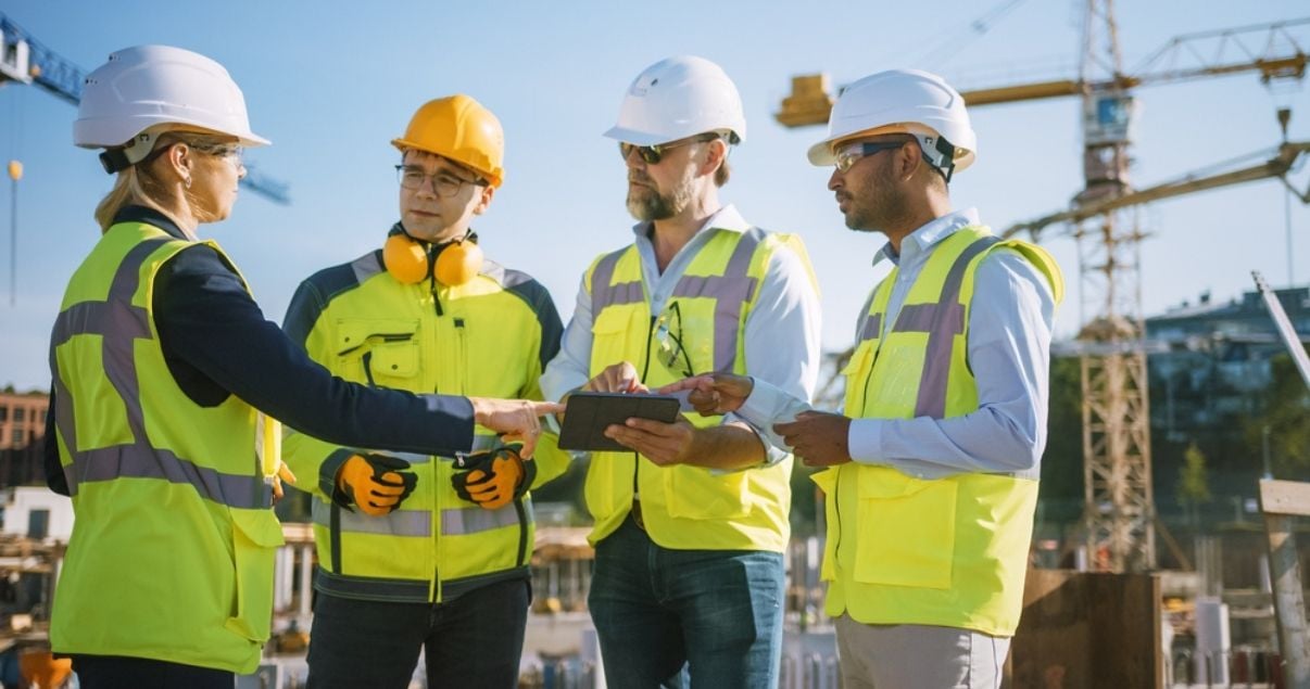 Construction team discussing information collected through mobile forms