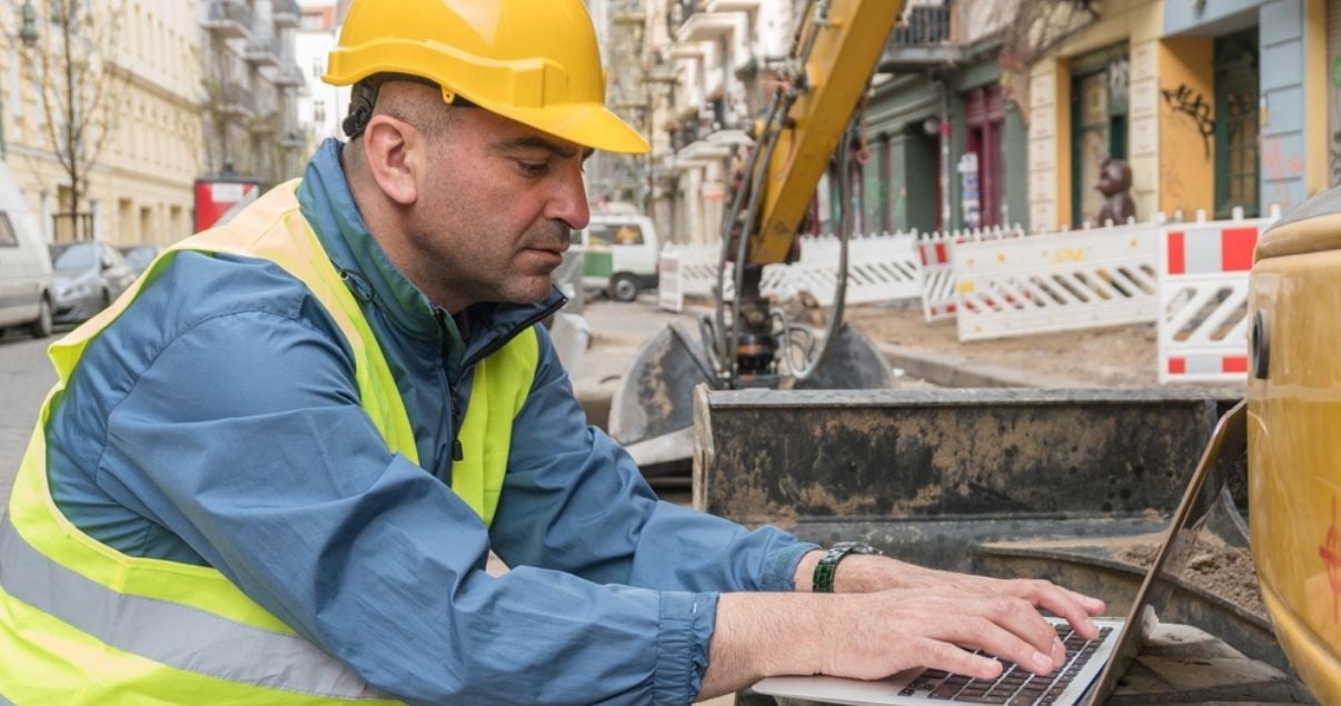 Construction worker filling out a mobile form on site